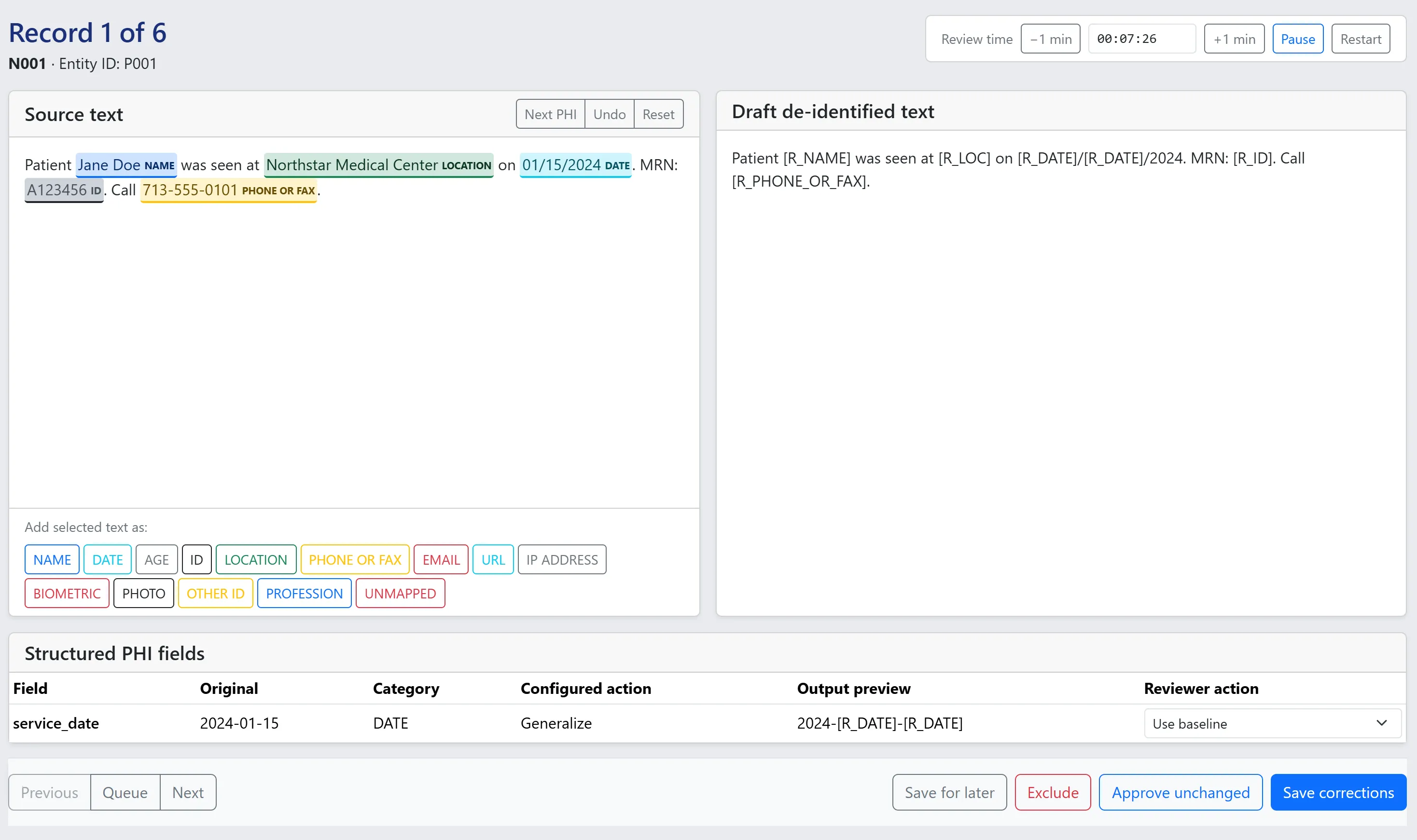 Health-DeID review interface showing detected PHI and reviewer controls for a clinical record.