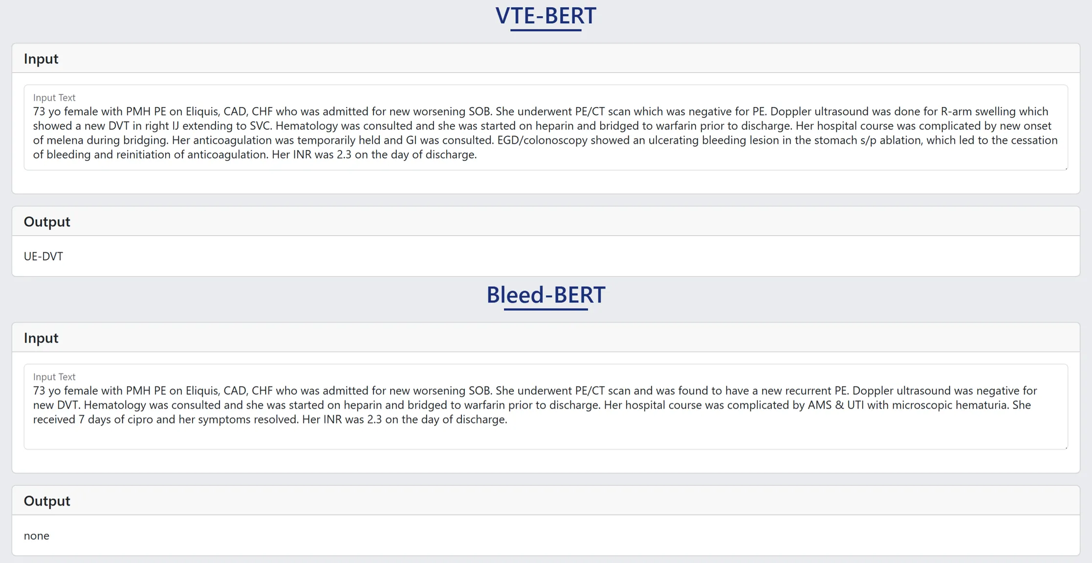 NLPMed demo showing example input text and predicted labels from VTE-BERT and Bleed-BERT.